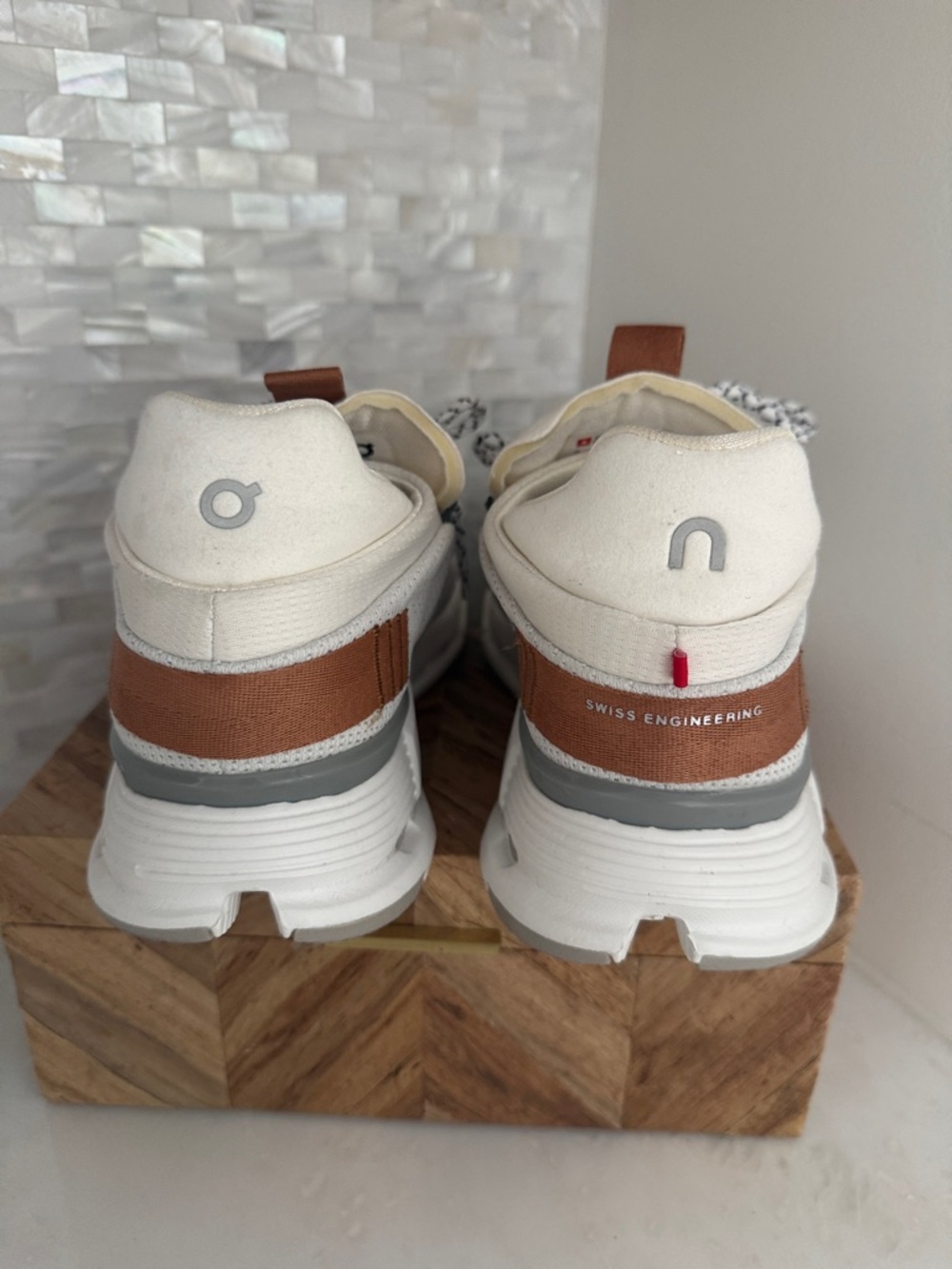 On Cloud Women’s Athletic Shoes in White with Tan Accents - Picture 4 of 6